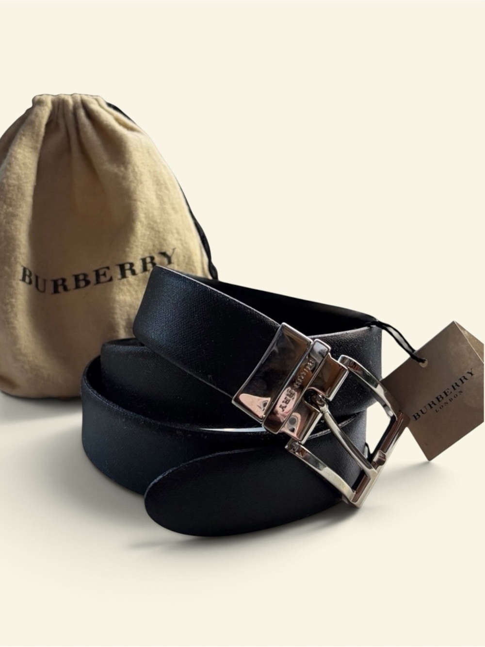 NWT Burberry Reversible Black Saffiano Leather Belt Italy Silver Buckle 105/42